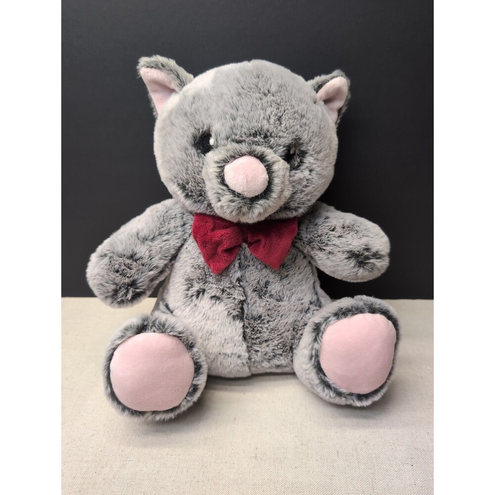 Pacific Coast Plush Lucky Gray Cat Stuffed Animal Red Bow Soft Plush 10”